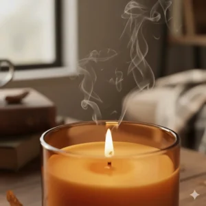 Extreme close-up of the lit wick and wax pool of the tobacco scented candle, emphasizing the clean burn and the rich, melted color.