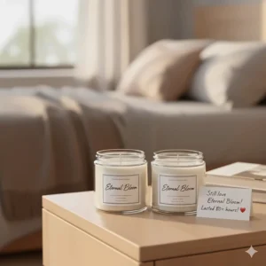 A customer review image showing an empty jar next to a new long-lasting small scented candle, illustrating its usage.