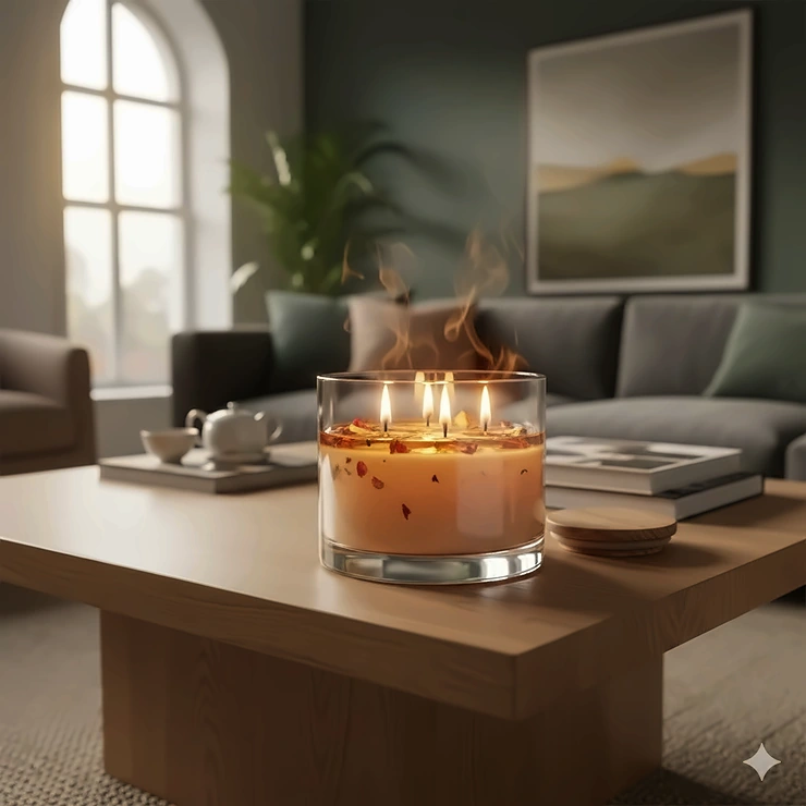 A luxury large scented candle in a minimalist glass jar glowing on a coffee table in a modern living room.