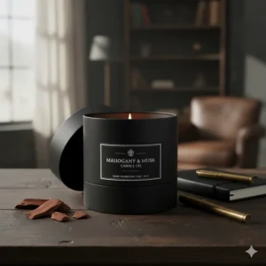 A minimalist mahogany scented candle packaged in a sleek black box, perfect for a masculine gift.