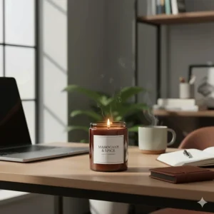 A mahogany scented candle placed on a modern office desk next to a laptop for a productive environment.