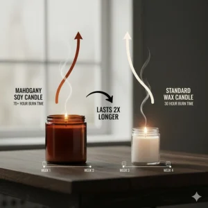 An infographic comparing the long-lasting burn time of a mahogany scented candle versus standard wax candles.