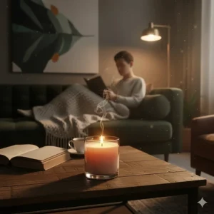 A mahogany scented candle burning in a cozy living room to create a warm atmosphere.