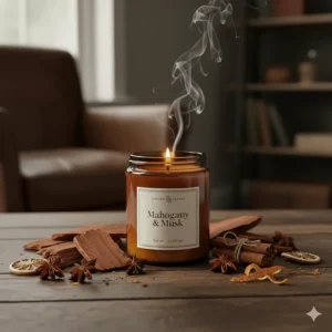 Aesthetic arrangement of mahogany wood chips and spices surrounding a scented candle.