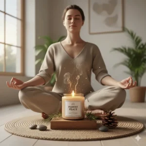 Illustration of a person meditating in a peaceful room with a lit wood scented candle providing a grounding aroma.