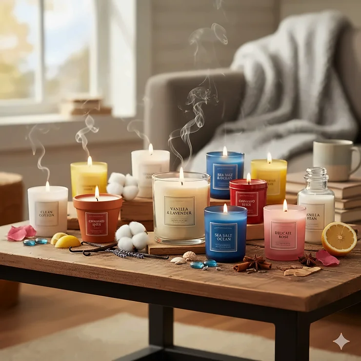 A collection of the most popular candle scents including vanilla, lavender, and citrus, displayed in a cozy home setting.