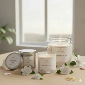 A collection of gardenia scented candles in various sizes, including travel tins and large three-wick jars.
