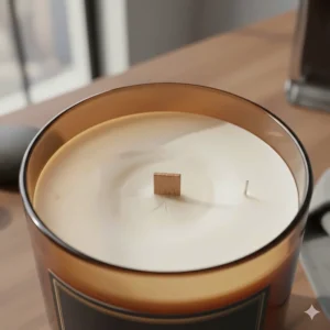 Detail shot of the natural soy wax and wood wick of a high-quality cologne scented candle, emphasizing the clean and long-lasting burn.