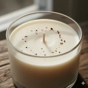 Close-up of smooth natural soy wax inside a mahogany scented candle jar.