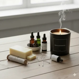 Natural soy wax men's candle, highlighting the use of premium essential oils and eco-friendly cotton wicks for a clean, long-lasting burn.