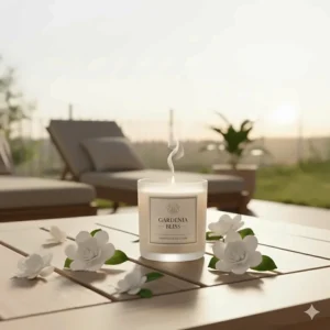 A gardenia scented candle placed on an outdoor patio table during a summer evening sunset.