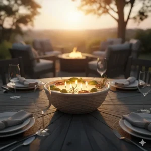 Decorative large scented candles used as a centerpiece for an outdoor patio dining table at sunset.