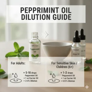 Infographic showing how to dilute peppermint oil with a carrier oil like coconut or jojoba oil for safe topical use.