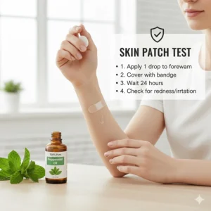 Illustration demonstrating a skin patch test to ensure the peppermint oil is safe for sensitive skin before applying to the head.