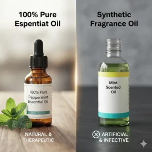 Comparison graphic between pure peppermint essential oil and synthetic fragrance oils for headache treatment.