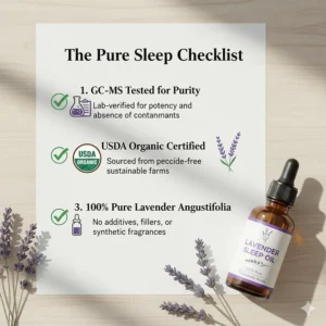 A checklist for finding the best lavender essential oil for sleep, highlighting GC-MS testing and organic labels.