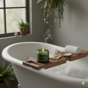 A relaxing aromatic hemp candle placed next to a bathtub in a serene, spa-like setting for stress relief.