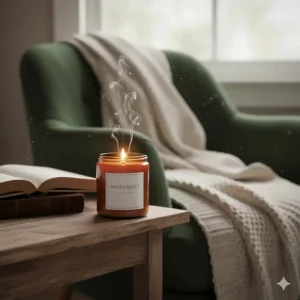 A mahogany scented candle providing soft lighting next to an open book and a warm blanket.