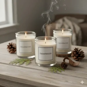 Minimalist glass jars containing cedar scented candles decorated with pine cones and evergreen sprigs.