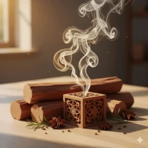 An artistic rendering of sandalwood logs and smoke representing the deep scent profile of exotic wood scented candles.
