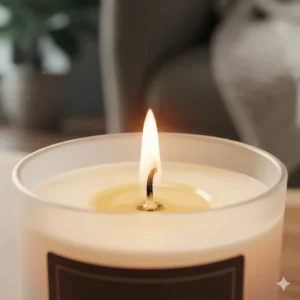 Close-up macro shot of a steady golden flame on a sandalwood scented candle wick.