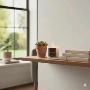Minimalist home decor featuring a sandalwood scented candle in a frosted glass jar on a modern shelf.