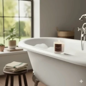 A relaxing spa bathroom setup featuring a sandalwood scented candle for a calming aromatherapy experience.