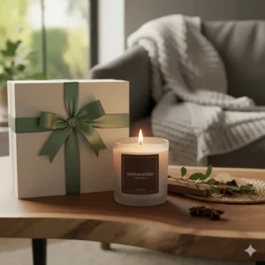 A premium sandalwood scented candle in elegant gift packaging with a decorative ribbon.