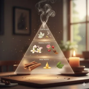 A fragrance pyramid diagram showing the woody base notes and aromatic top notes of a sandalwood scented candle.