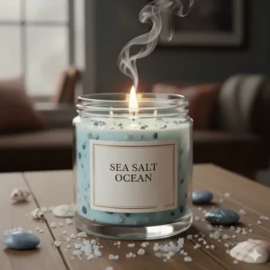 Illustration of a white candle with a hint of blue, evoking the modern, refreshing aroma of sea salt and ocean breeze—a most popular candle scent.
