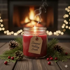 A cozy scene with a holiday-themed candle, pine cones, and a fireplace, illustrating seasonal additions to the candle scent list.