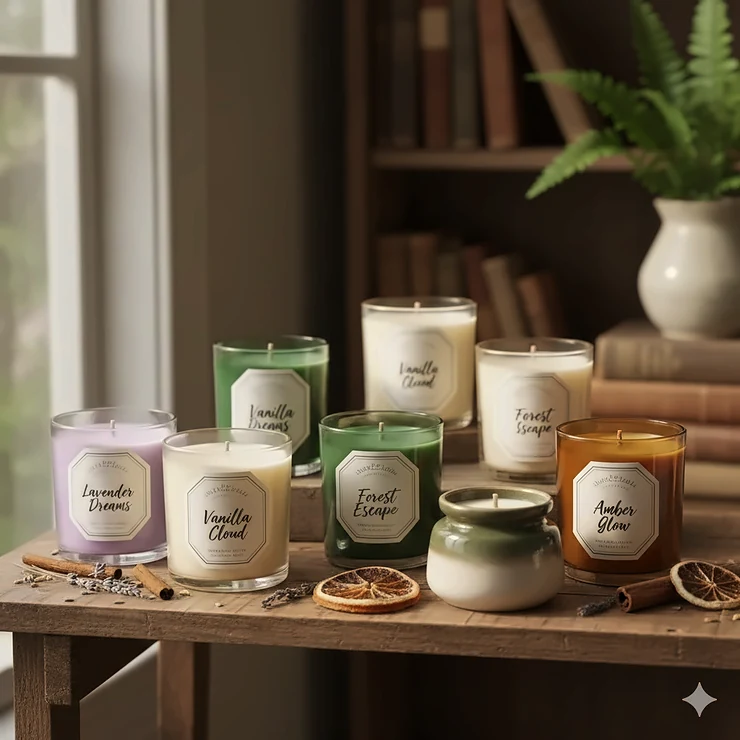 A curated collection of small scented candles displayed on a wooden shelf, highlighting various colors and fragrances.