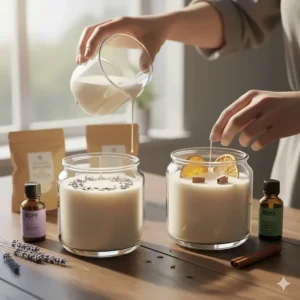 Hand-poured soy wax large scented candles with dried lavender buds and natural essential oil bottles.