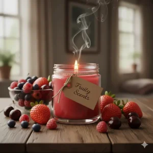 A bowl of berries and a red candle, depicting the sweet and vibrant fruity candle scent options.