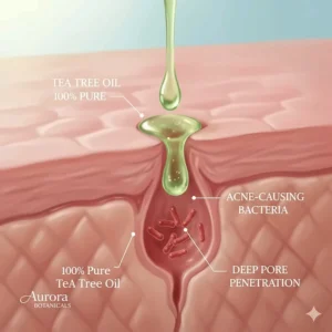 Illustration showing how tea tree oil penetrates skin pores to eliminate acne-causing bacteria.
