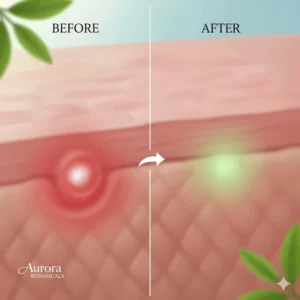 Infographic displaying the anti-inflammatory effects of tea tree oil on red, inflamed acne spots.