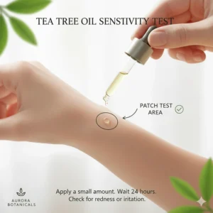 Illustration demonstrating how to perform a patch test with tea tree oil to check for skin sensitivity.