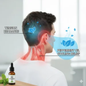 Diagram showing where tension headaches occur and how the cooling effect of peppermint oil provides relief.