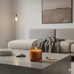 The modern glass jar tobacco scented candle featured as a piece of elegant home decor in a minimalist living room setting.