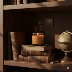 A tobacco scented candle placed on a vintage wooden bookshelf next to a stack of old leather-bound books, creating a cozy and luxurious study ambiance.