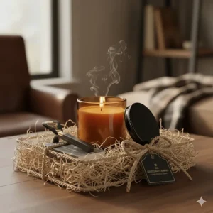 A curated gift set featuring the tobacco scented candle paired with a wick trimmer and a small box of matches, perfect for gifting.