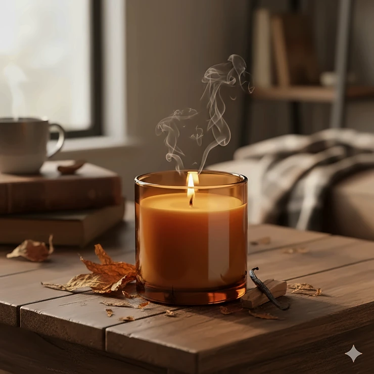 A rich, amber-colored tobacco scented candle burning on a wooden surface, showing the comforting glow of the flame and the warm, masculine scent profile.