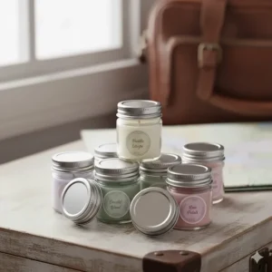 Group of travel size scented candles with lids, ready for packing or gifting.
