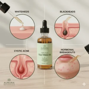Illustration of tea tree oil being applied to different types of acne, including whiteheads and hormonal breakouts.