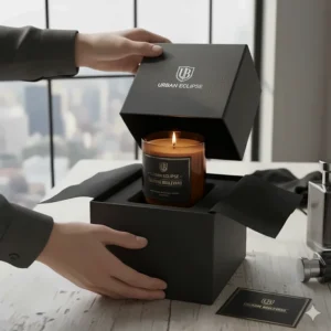 An elegant unboxing shot of a customer opening a beautifully designed gift box containing the new cologne scented candle product.