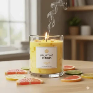 Vibrant illustration of fresh sliced grapefruit and lemon zest, showing a bright and uplifting citrus note, one of the most popular candle scents.