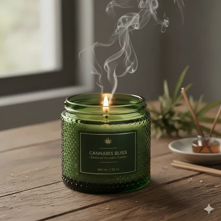 Weed scented candle in a dark green glass jar, shown burning on a wooden surface with a soft glow, emphasizing the rich herbal aroma.