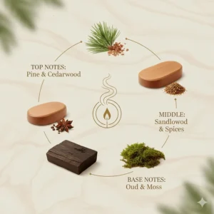An illustrated diagram showing the fragrance notes of wood scented candles including cedarwood, sandalwood, and pine.