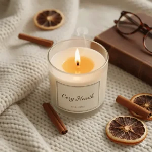 A top-down view of a small scented candle with a crackling wooden wick, providing a cozy atmosphere.