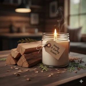 A stack of sandalwood and cedar logs next to a burning candle, representing warm and earthy candle scents.